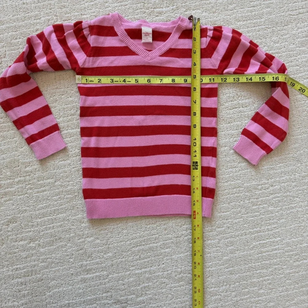 OshKosh B'gosh Girls Pink Red Striped V-Neck Cotton Knit Sweater Size 6X Sporty